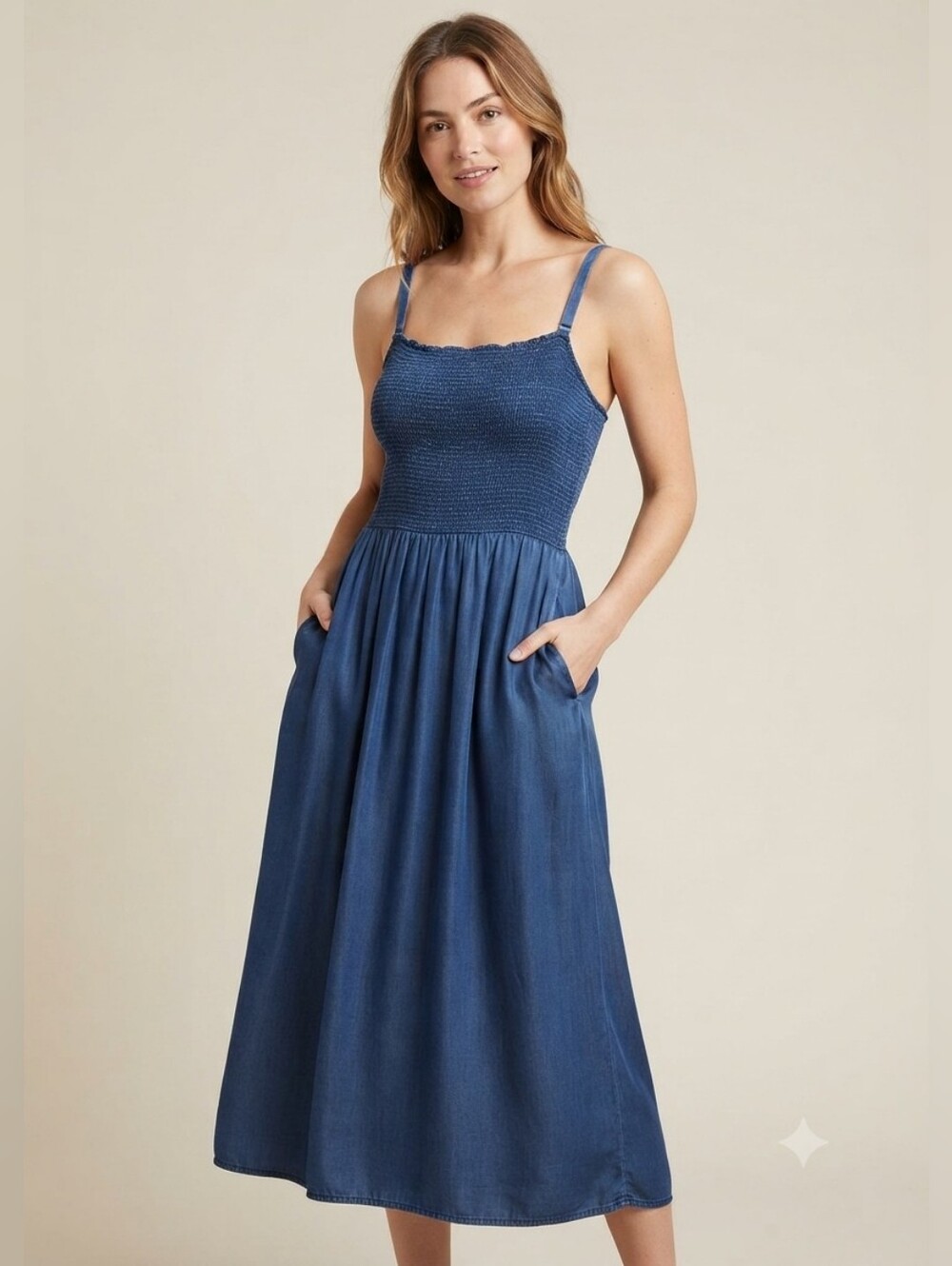Old Navy Smocked Blue Lyocell Cami Midi Dress Pockets XL
